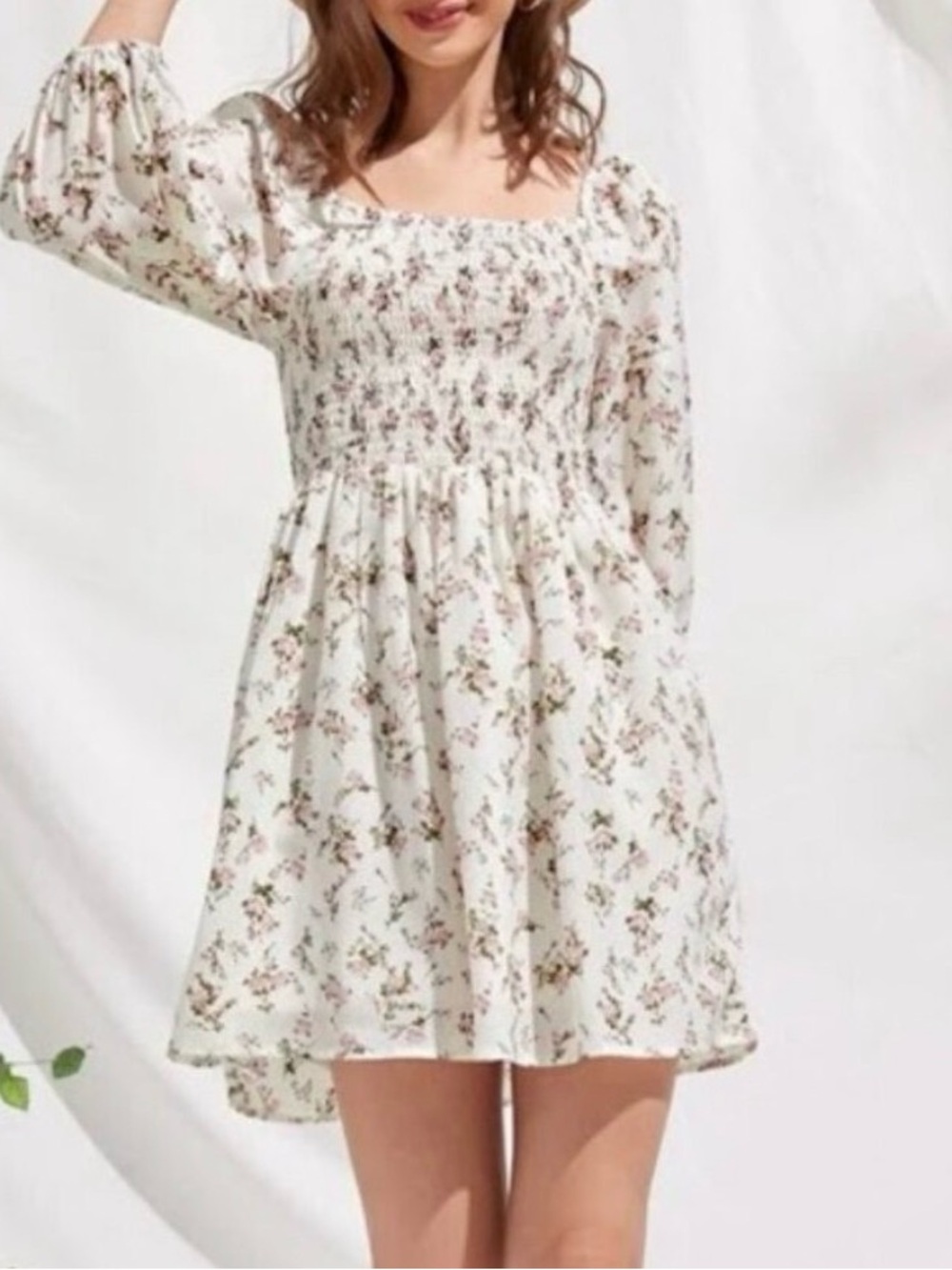 ROMWE White Floral Smocked Mini Dress Size Medium Long Sleeve Lined Cottagecore